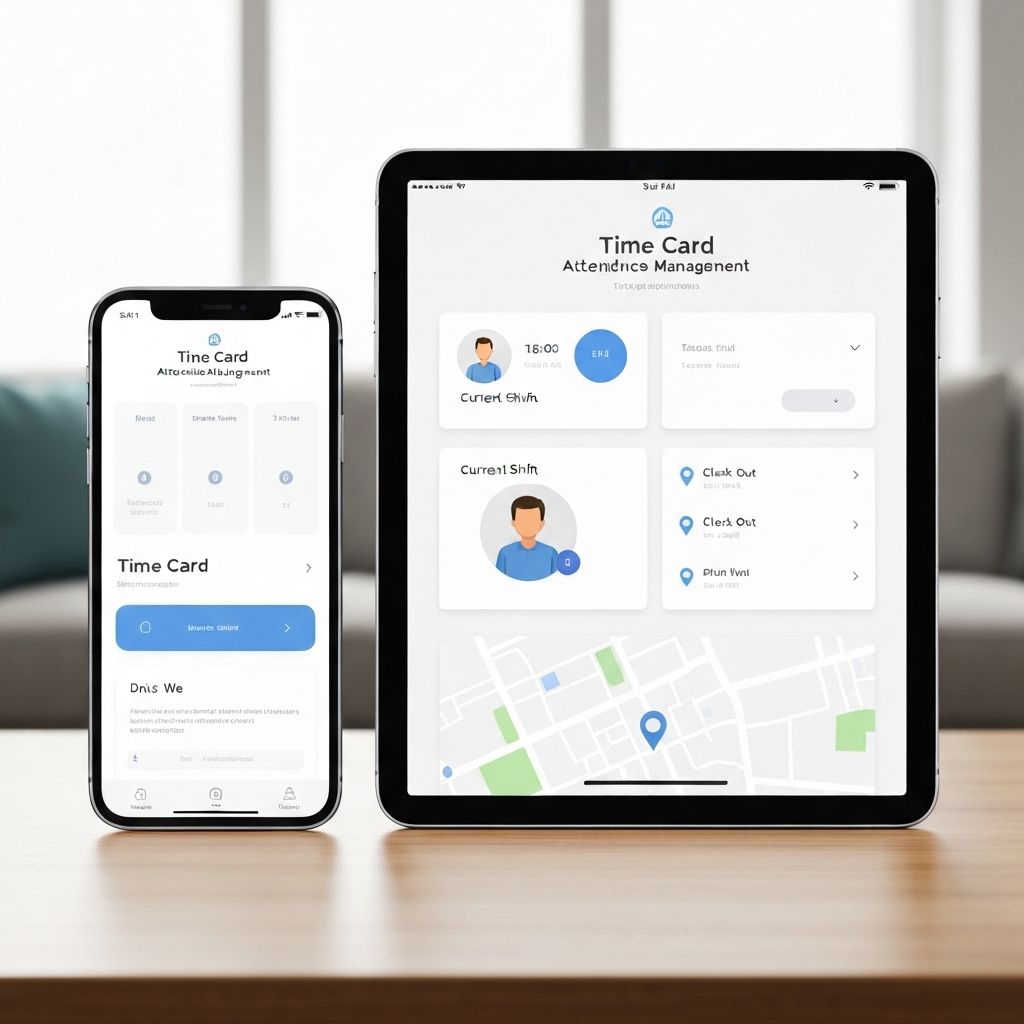 Illustrative Time Clock App tablet screens